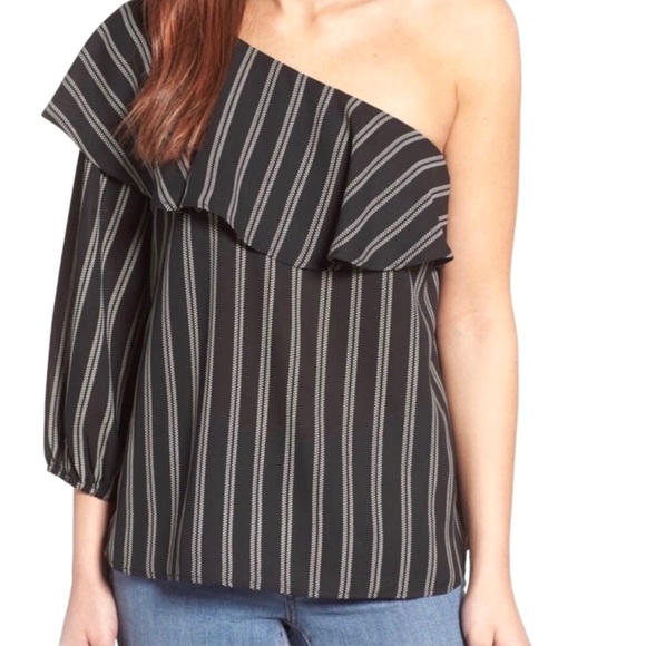 Halogen Tops - NWT Halogen One Shoulder Black Striped Ruffle Top